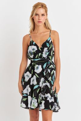 Vestido Corto Floral con Vuelos Cruzados Blanco Nicopoly