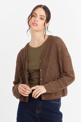 Cárdigan Tipo Crochet Botones Dorados Café Nicopoly