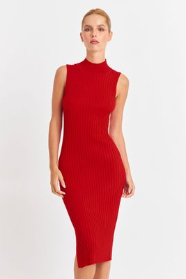 Vestido Acanalado Cuello Alto Rojo Nicopoly