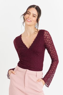 Polera Encaje Manga Larga Burdeo Nicopoly