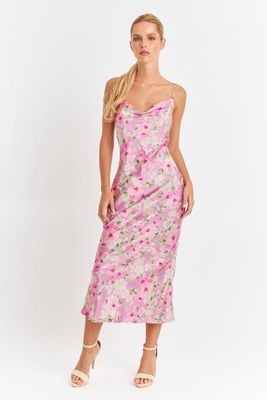 Imagen 2 del producto Vestido Tipo Satín Floreado Rosado Nicopoly