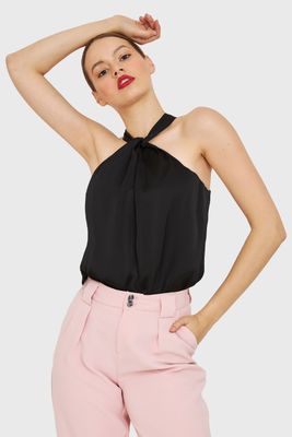 Body Halter Tipo Satín Negro Nicopoly