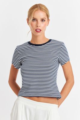 Polera Básica Cuello Redondo Líneas Azul Marino Nicopoly