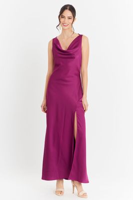 Vestido Largo Escote Drapeado Morado Nicopoly