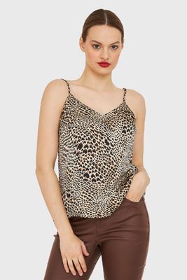 Top Básico Leopardo Tipo Satín Café Nicopoly