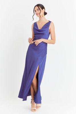 Vestido Largo Escote Drapeado Azul Nicopoly