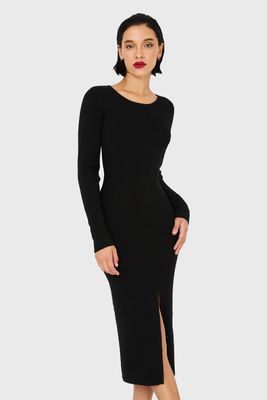 Vestido Midi Acanalado Tajo Negro Nicopoly