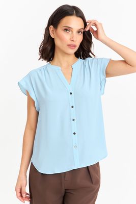 Blusa Cuello Mao Botones Celeste Nicopoly