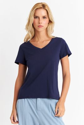 Polera Escote en V Básica Azul Marino Nicopoly