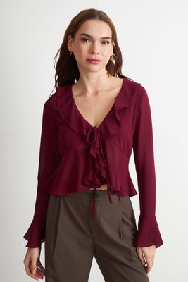 Blusa Vuelos Manga Larga Burdeo Nicopoly