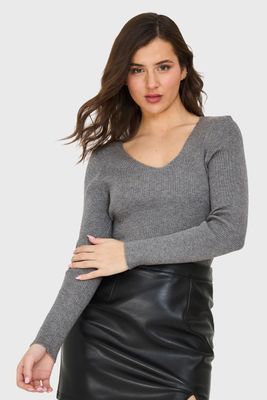 Sweater Cuello V Acanalado Gris Nicopoly