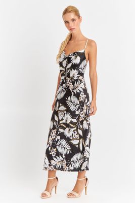 Vestido Tipo Satín Floreado Negro Nicopoly