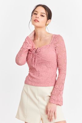 Polera Encaje Escote Nudo Rosado Nicopoly