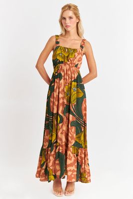 Vestido Cintura Elasticada Flores Naranja Nicopoly