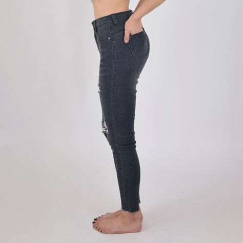 Jeans de Mujer Elasticado Destroyed Gris Oscuro-2