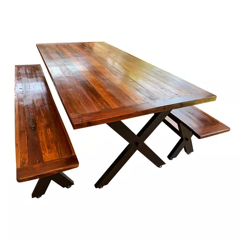 Mesa de Comedor Roble Fierro X con Bancas 140 x 80 cms-0
