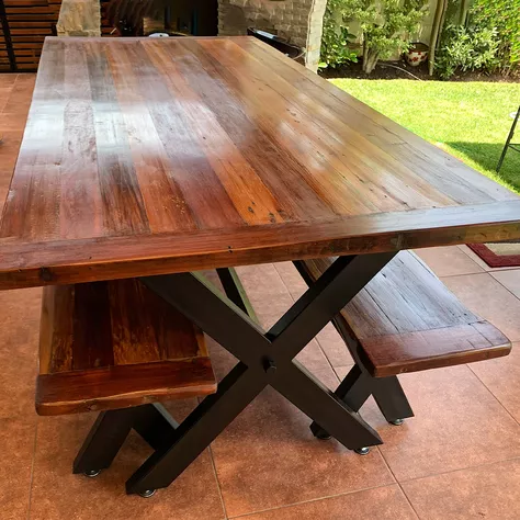 Mesa de Comedor Roble Fierro X con Bancas 140 x 80 cms-2