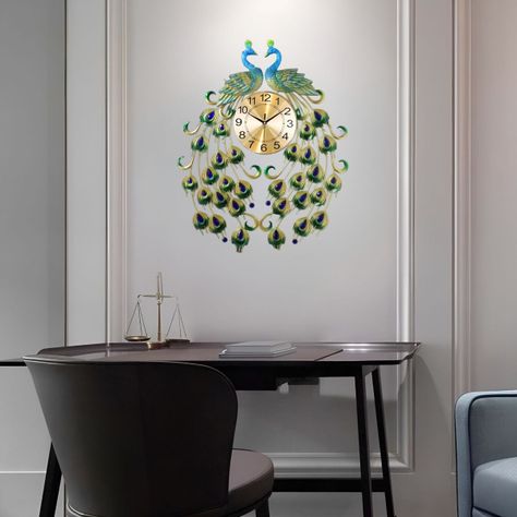 Reloj Analógico Pared Diseño Doble Pavo Real Decorativo Jhn-4