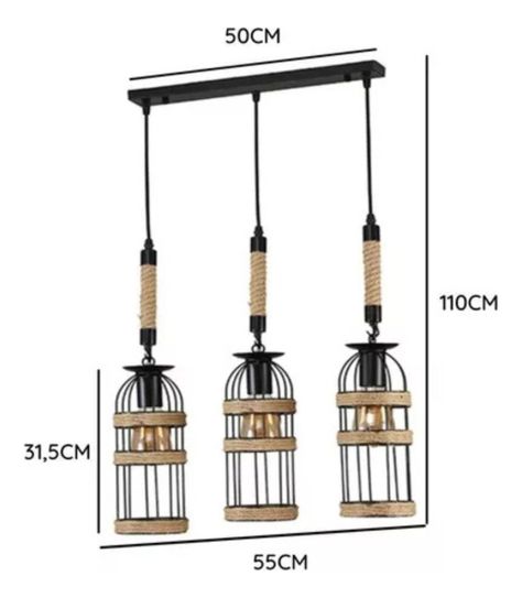 Lámpara Colgante Madera Metal Triple Jaula 3 Focos Jhn-9
