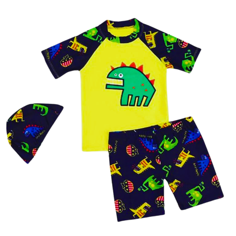 Traje De Baño 3 Piezas Manga Corta Jump Kids Dinosaurios Amarillo-0