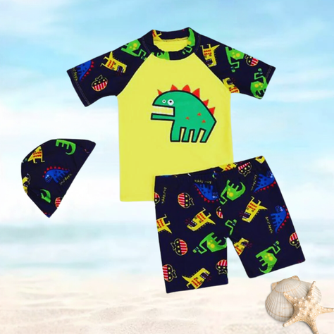Traje De Baño 3 Piezas Manga Corta Jump Kids Dinosaurios Amarillo-3