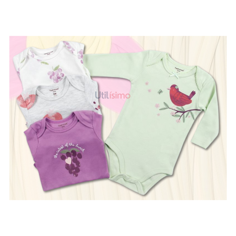 Pack 4 Bodys Tedmimak Niña Manga Larga Pajaritos y Uvas 100% Algodón-1