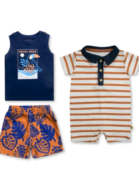 Set 3 Piezas Conjunto con Enterito Bebe Niño Tedmimak 100% Algodón Azul Tucán-0