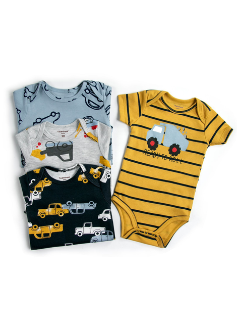 Pack 4 Bodys Niño Manga Corta Tedmimak 100% Algodón Autos Amarillo-1