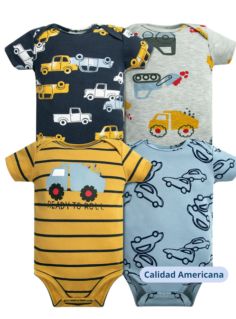 Pack 4 Bodys Niño Manga Corta Tedmimak 100% Algodón Autos Amarillo-3