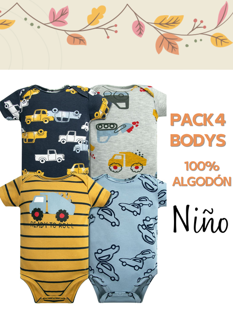 Pack 4 Bodys Niño Manga Corta Tedmimak 100% Algodón Autos Amarillo-4
