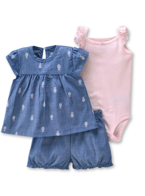Set 3 Piezas Conjunto con Body sin Mangas Estampado Bebé Niña 6 a 24 Meses Pineapple Print-0