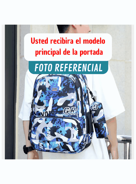 Mochila Escolar Juvenil y Universitario 45cm Diseño Estampado Camuflaje Unisex Blue-3