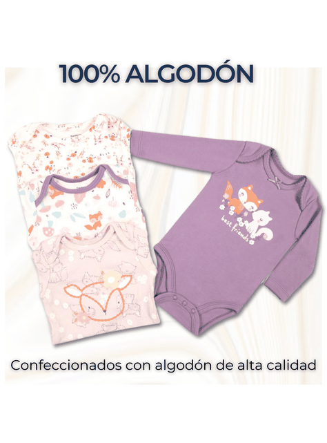 Pack 4 Bodys Bebé Niña Manga Larga 100% Algodón Zorritos Purple-1