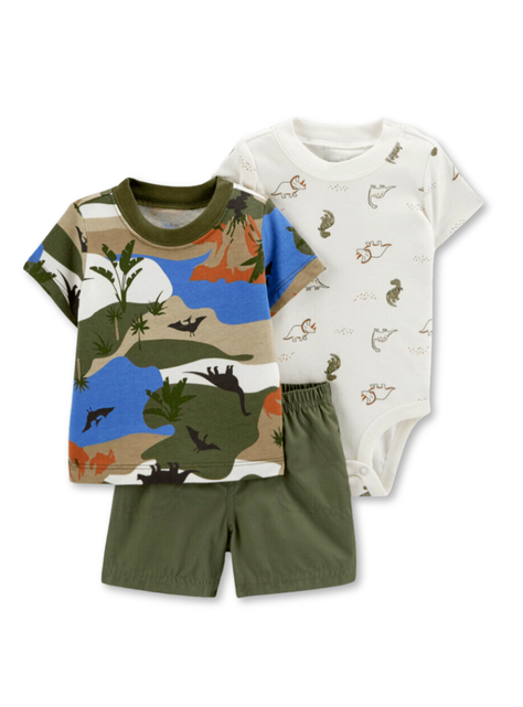 Set 3 Piezas Conjunto con Body Estampado Bebé Niño 6 a 24 Meses Green Dinosaur-0