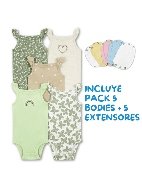 Pack 5 Unidades Extensor Body Bebé +Pack 5 Bodys Algodón Niña Sin Mangas Verde Mariposas-1