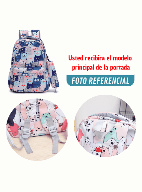 Mochila Escolar 44cm Diseño Estampado Cats and Bears Blue Cats-2