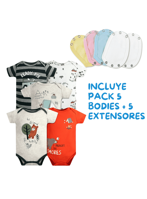 Pack 5 Unidades Extensor Body Bebé +Pack 5 Bodys Manga Corta Algodón Niño Oso amistoso-1