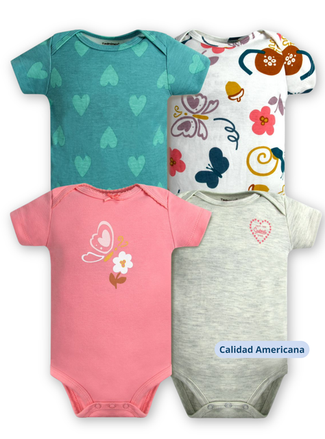 Pack 4 Bodys Niña Manga Corta Tedmimak 100% Algodón Mariposas Rosa-3