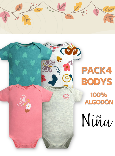 Pack 4 Bodys Niña Manga Corta Tedmimak 100% Algodón Mariposas Rosa-4