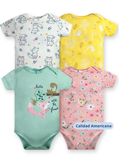 Pack 4 Bodys Niña Manga Corta Tedmimak 100% Algodón Animales Animados-3