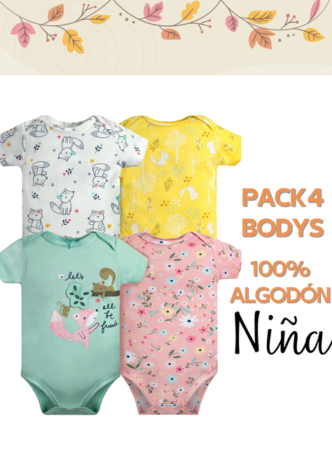 Pack 4 Bodys Niña Manga Corta Tedmimak 100% Algodón Animales Animados-4