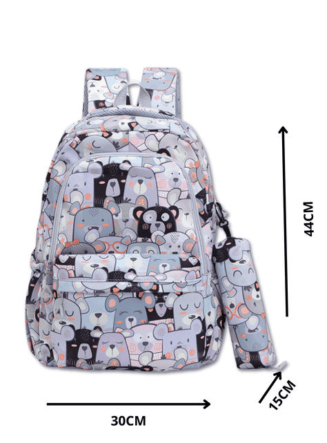 Mochila Escolar 44cm Diseño Estampado Cats and Bears Light Gray Bears-1