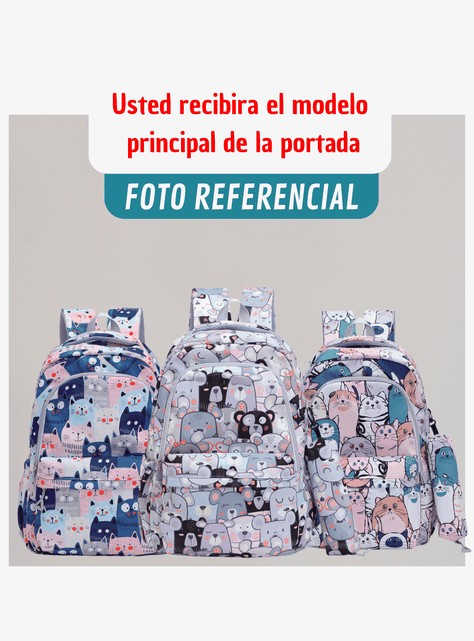 Mochila Escolar 44cm Diseño Estampado Cats and Bears Light Gray Bears-2