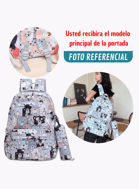 Mochila Escolar 44cm Diseño Estampado Cats and Bears Light Gray Bears-3