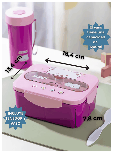 Fiambrera Contenedor Osito 1200 Ml Táper Hermético + Cubiertos y Vaso Infantil Pink-1