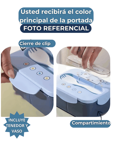 Fiambrera Contenedor Osito 1200 Ml Táper Hermético + Cubiertos y Vaso Infantil Pink-2