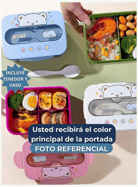 Fiambrera Contenedor Osito 1200 Ml Táper Hermético + Cubiertos y Vaso Infantil Pink-3
