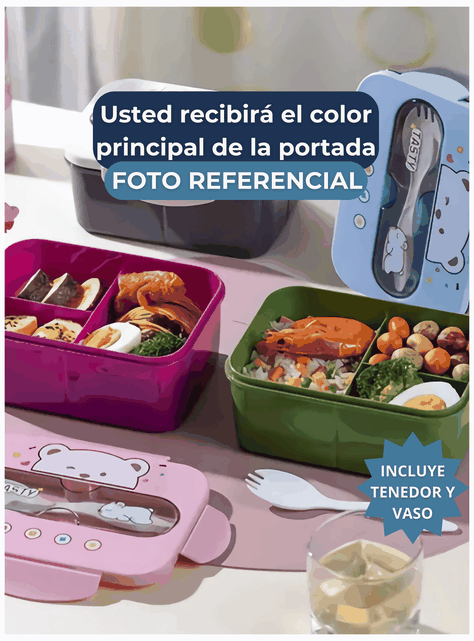 Fiambrera Contenedor Osito 1200 Ml Táper Hermético + Cubiertos y Vaso Infantil Pink-4