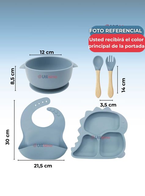 Set De Alimentación Bebé Silicona 5 Piezas Dinosaurio Libre BPA Celeste-2