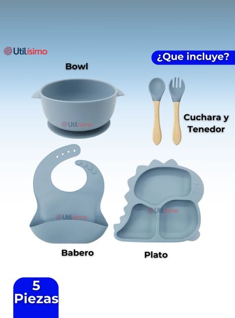 Set De Alimentación Bebé Silicona 5 Piezas Dinosaurio Libre BPA Celeste-4